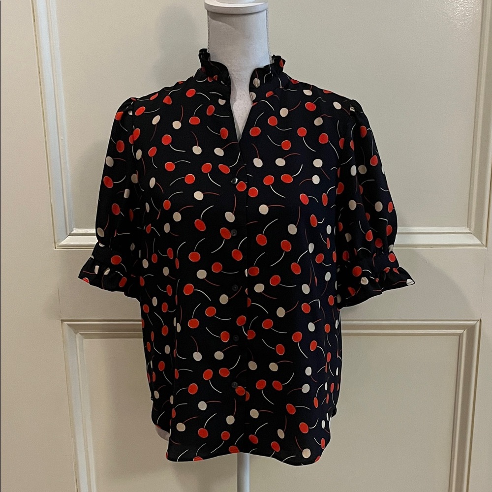 Ann Taylor Black Blouse with Red and Cream Cherry Print